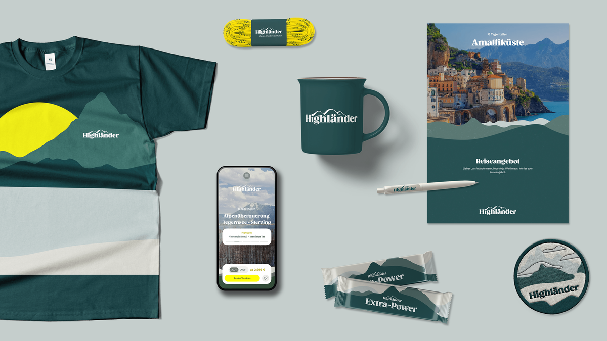 Die neue Geschäftsausstattung weckt die Vorfreude nach der Buchung. Übersicht der Medien, wie einem Shirt und Streuartikeln, von Highländer.