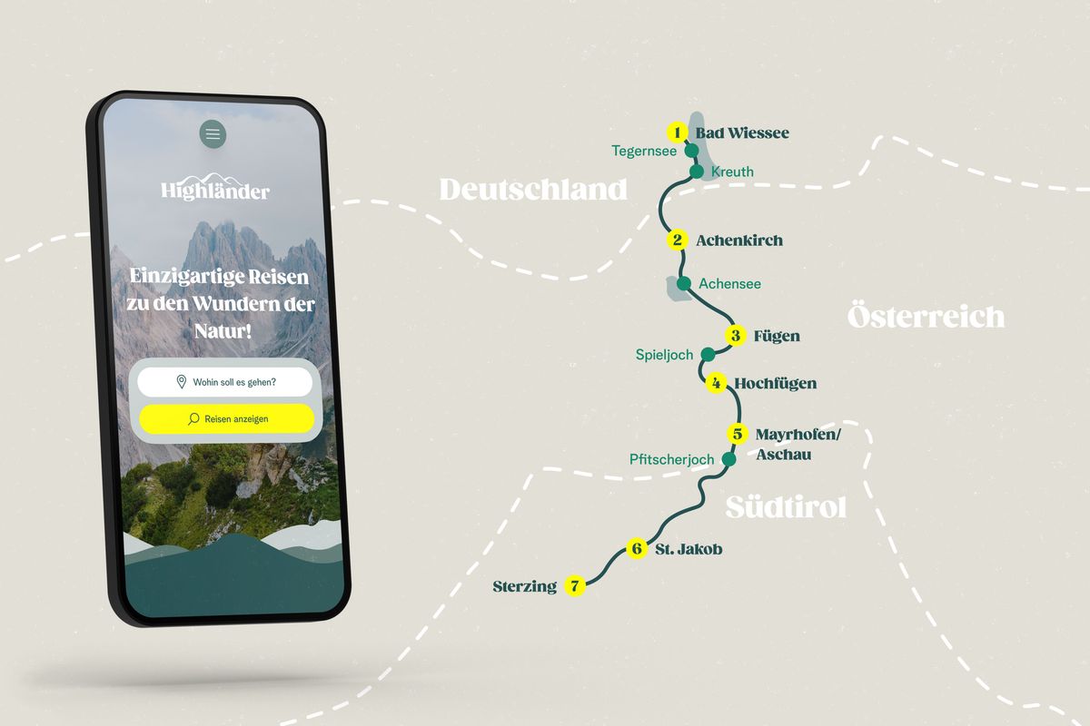 Das Branding zieht sich durch alle Bereiche der Website. Startseite auf einem iPhone und die Visualisierung des Reiseverlaufs.
