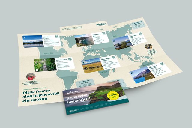 Das Mailing informiert über das neue Design von Highländer. Innenseite des aufgefalteten Mailings.