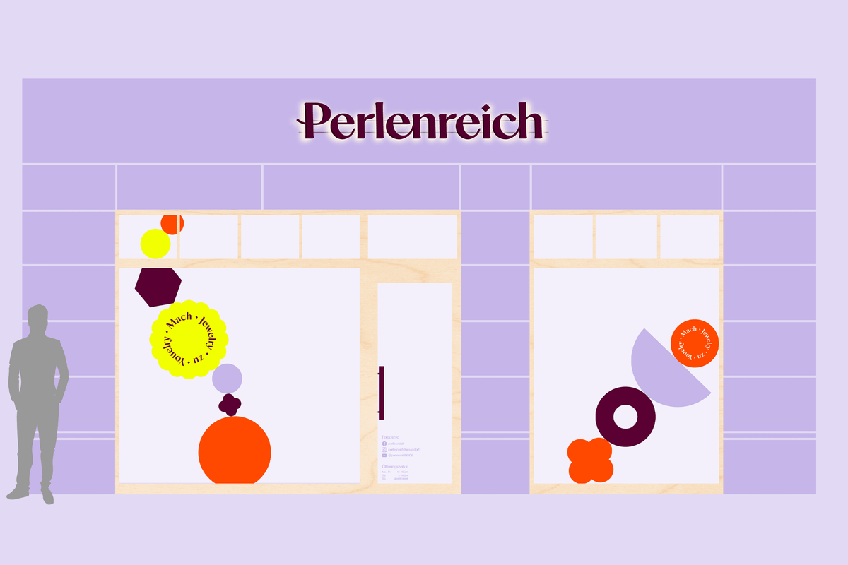 Eine im Grafikprogramm gezeichnete Fassade von Perlenreich zeigt eine Schaufenstergestaltung