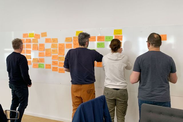 Mitarbeiterinnen und Mitarbeiter der Evangelischen Kirche in Düsseldorf stehen vor einer Tafel während eines Workshops und sortieren Post-its.