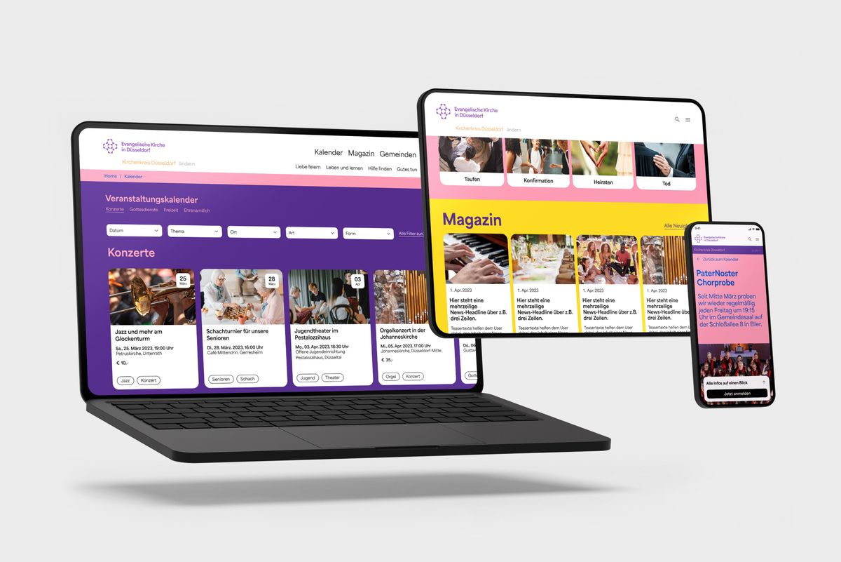 Mock-Ups von drei mobilen Endgeräten zeigen die neue Website der Evangelischen Kirche in Düsseldorf.